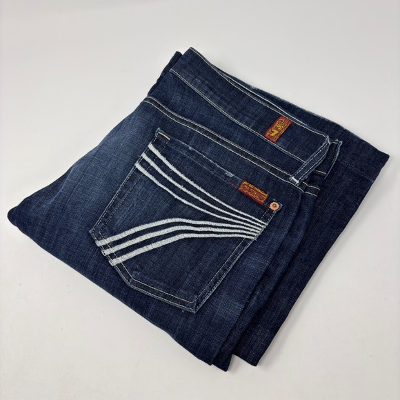7 For All Mankind Dojo Jeans Women's 31x34.5 Flare Wide-Leg Dark Blue - Picture 1 of 8